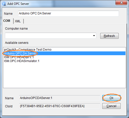 Select Arduino OPC Server to dOPC Explorer