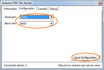 Configure Arduino OPC Server Serial port